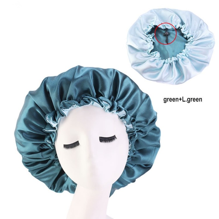 Custom logo hair double layer satin silk sleep bonnet cap hat, wrapping headband scarf